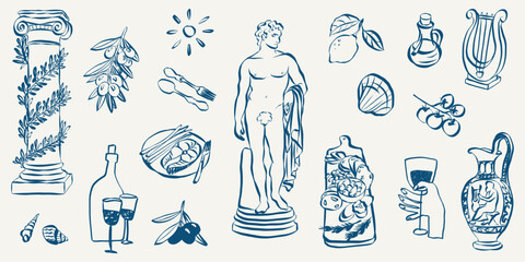 Naklejka premium Ancient Greek vector illustration featuring Mediterranean doodles of classical statues, columns and mythological icons in a hand drawn summer aesthetic perfect for creative projects