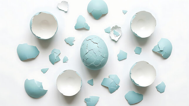 Broken pastel blue easter egg fragments on white background with background minimalist shattered seasonal celebration tradition breakfast ingredient creative conceptual close-up isolated