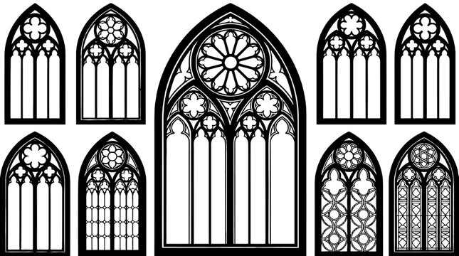Set of gothic arched church window tracery vector outlines