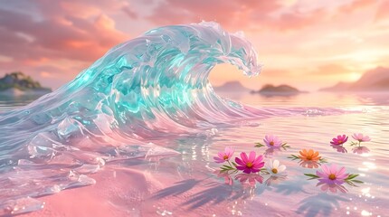 Fototapeta premium A surreal, dreamy ocean wave made of translucent, crystal like water crashing on a soft pink sand beach at sunset