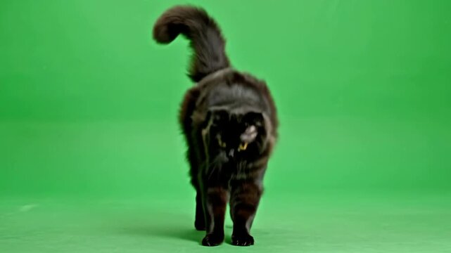 Jumping Energetic Black Long-Haired Cat | Green Screen Studio
