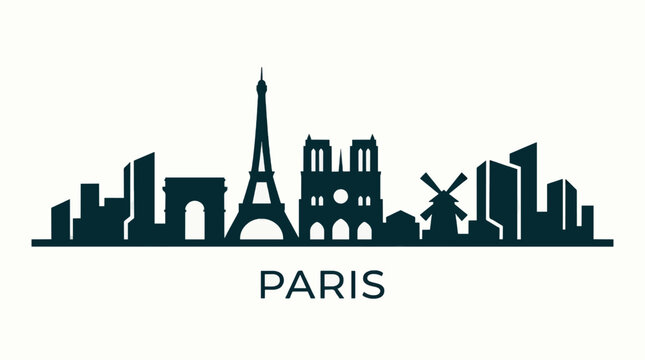 Minimalist Geometric Paris Skyline Silhouette with Eiffel Tower, Arc de Triomphe, Notre Dame, and Modern Buildings, Dark Teal Vector Graphic