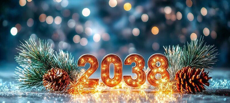Numbers 2038 Decorated with Fireworks Sparklers Gold Lights on New Year Greeting Blue Bokeh Bgr