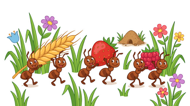 Cartoon ants carrying wheat, strawberry, and berries in grass