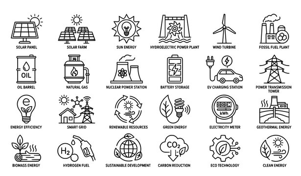 Solar energy line icon set with hydroelectric power plant solar panels and renewable energy symbols
