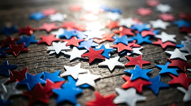 Red white and blue star shaped confetti scattered on a rustic wooden texture surface with confetti celebration patriotic memorial