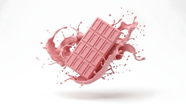 Ruby chocolate bar with dynamic pink milk splash, gourmet pink cocoa confectionery on white background, sweet berry chocolate dessert advertising