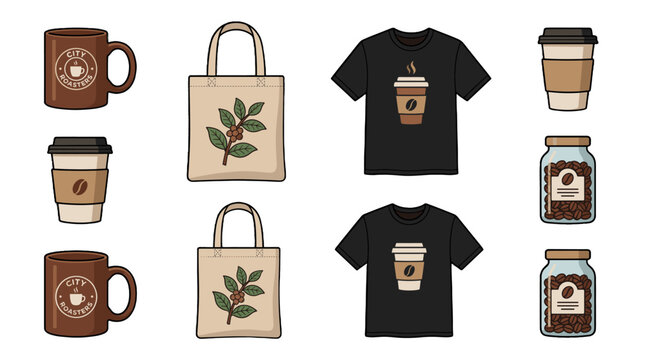 Coffee themed merchandise set with mugs, shirts, tote bags and jars
