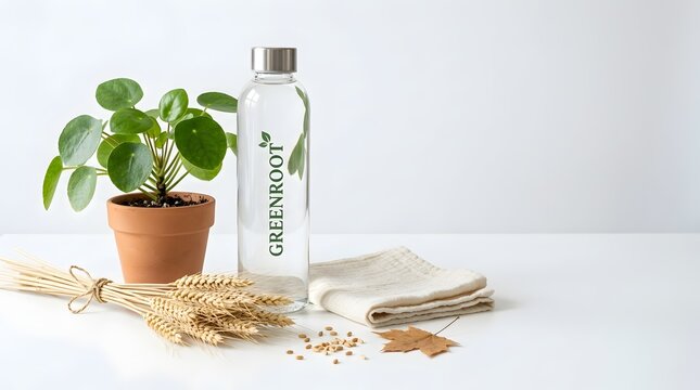 Sustainable glass water bottle with Greenroot logo, eco-friendly lifestyle still life with potted plant and wheat, minimalist zero waste concept