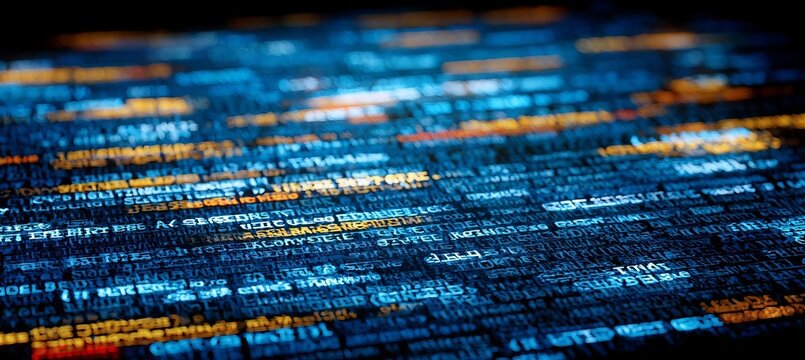 Abstract Digital Background Featuring Blurry Glowing Programming Script Code Lines On Dark Screen.