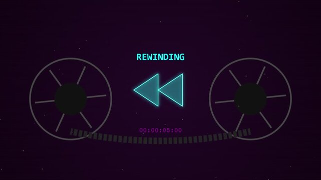 Animated digital tape reel icon with neon rewinding symbol and timecode