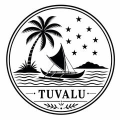 Fototapeta premium Tuvalu emblem with palm tree, outrigger canoe, ocean waves, and