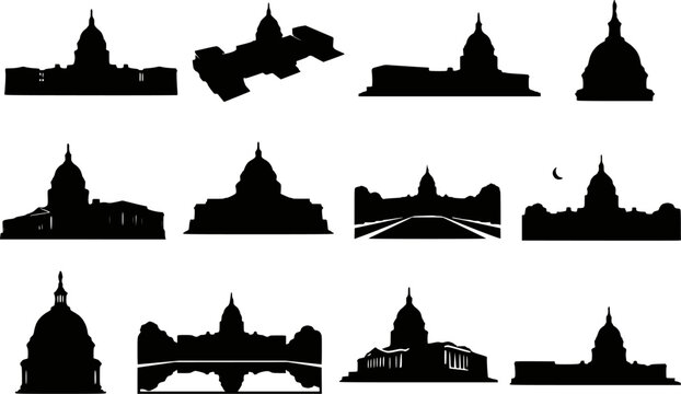 US Capitol building Washington DC dome aerial night reflection road column silhouettes vector set isolated
