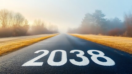 Fototapeta premium Road Heading Into Misty Future With The Numbers 2038 Painted On Asphalt And Horizon With Morning Sun