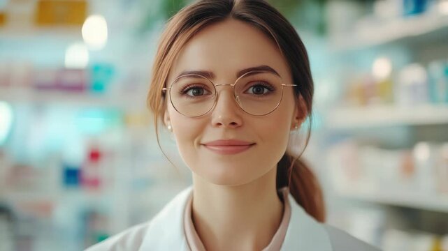 Portrait of a smiling young woman wearing glasses and a lab coat with an assortment of medications in the background.