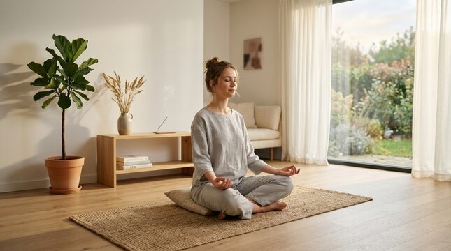 Meditation practice in a bright room with a peaceful garden view during the day