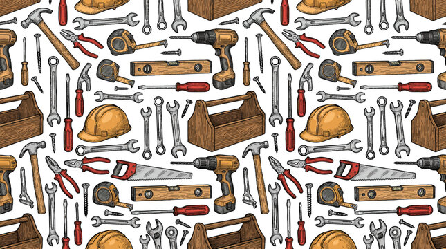Seamless hand drawn construction tools pattern on white
