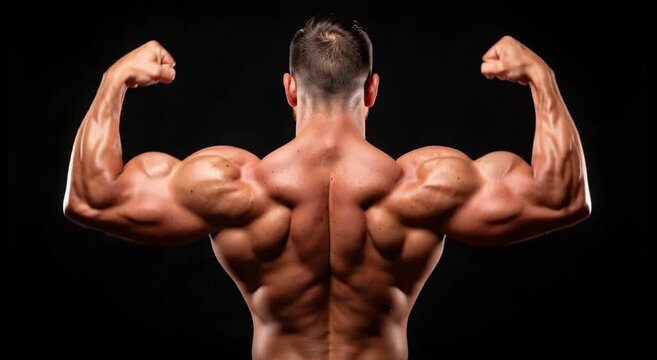 This is a of a shirtless man flexing his back and shoulder muscles. The focus is on the upper body, showcasing muscular definition.