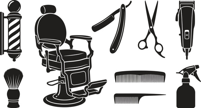 Barbershop equipment collection including vintage barber chair with scissors plus electric clippers and traditional razor plus shaving brush on white background.