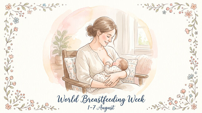 Mother tenderly breastfeeding newborn baby in a cozy home setting, surrounded by delicate watercolor floral frame, world breastfeeding week illustration.
