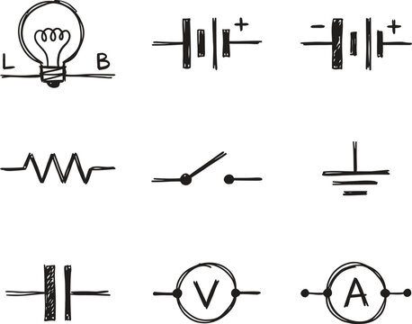 Set of electronic circuit components hand drawn sketch collection featuring battery resistor bulb switch ground capacitor voltmeter ammeter symbols.