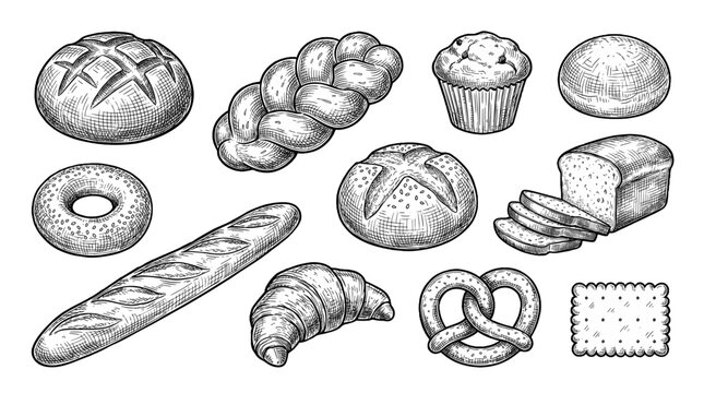 Hand drawn bakery assortment with bread, pastry, pretzel and biscuit