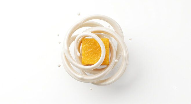 Distant shot of a mango cube wrapped in a silky white condensed milk stream