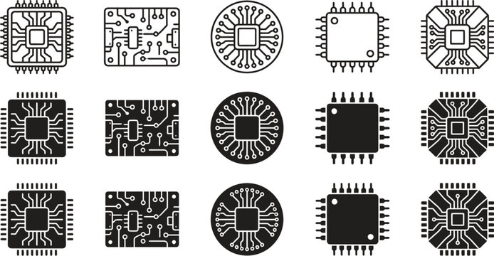 Computer processor and circuit board icon collection featuring various cpu designs integrated circuits hardware components and microchip technology symbols.