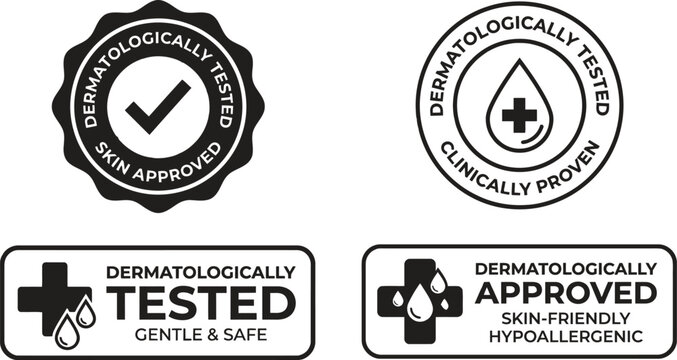 Set of dermatologically tested icons with check mark, medical cross, water drop, and skin approved or hypoallergenic phrases.