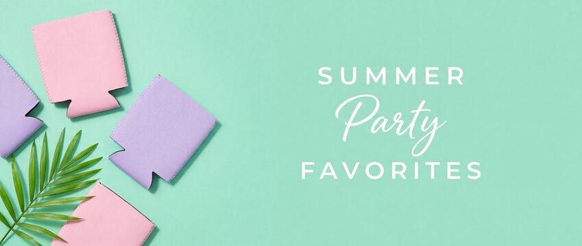 Can cooler sleeves stubby holders on mint green background with tropical palm leaf and summer party favorites text, blank pink and purple neoprene beer can insulators for wedding favor mockup.