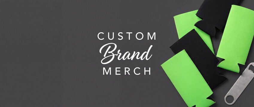Can cooler mockup brand merchandise with green and black neoprene stubby holders and metal bottle opener on dark grey background for custom promotional marketing presentation template.