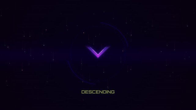 Digital interface displaying descending arrow icon with data rain animation