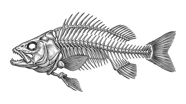 Fish Skeleton Anatomy Vintage Engraved Ink Illustration