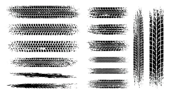 Black grunge tire tread marks set isolated on white