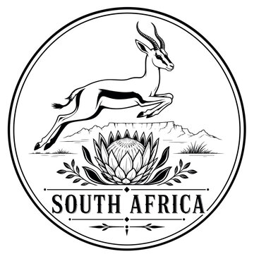 South Africa emblem with springbok, protea, and Table Mountain