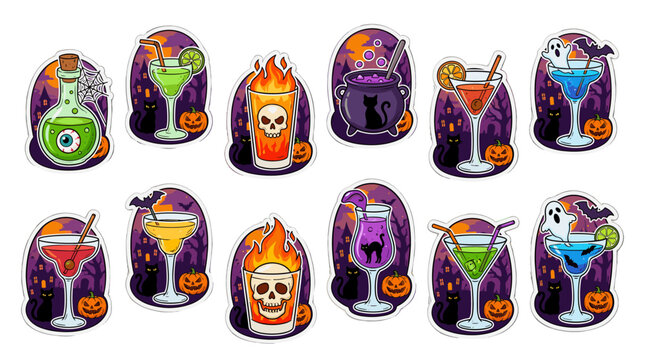 Set of Halloween cocktail and potion sticker illustrations