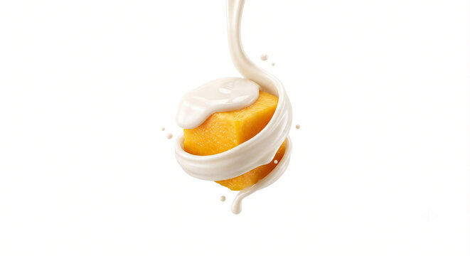 Distant shot of a mango cube wrapped in a silky white condensed milk stream