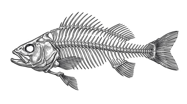 Fish Skeleton Anatomy Vintage Engraved Ink Illustration