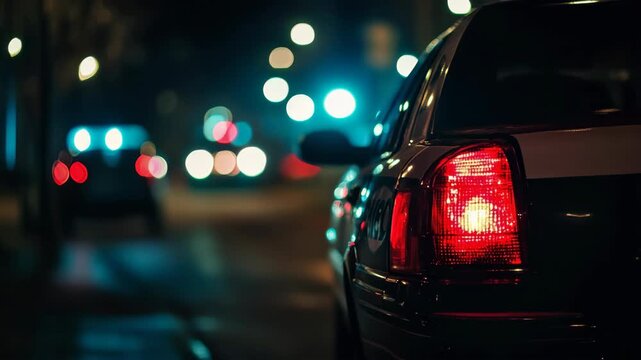 An automobile's red tail light glowing against the darkness during nighttime driving.