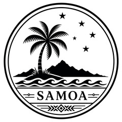 Obraz premium Samoa emblem with palm tree, mountains, waves, and stars
