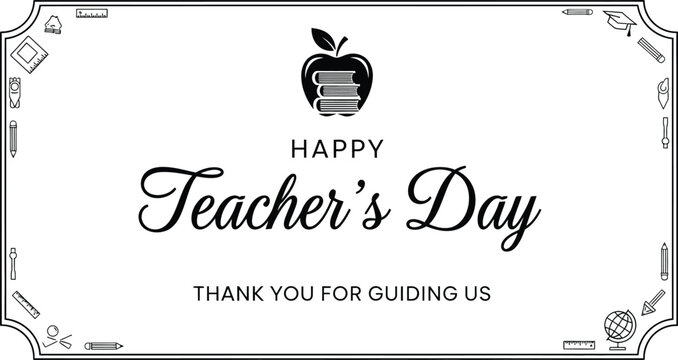 Happy teacher's day card appreciation for educators with apple and school supplies