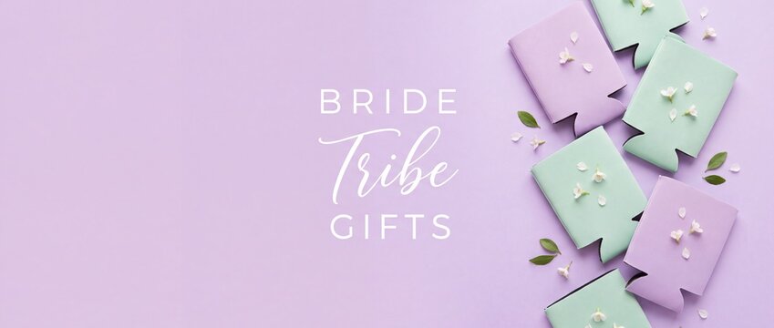 Bridal shower favors can coolers arranged on pastel purple background with white flowers for bachelorette party bride tribe gifts, elegant minimalist wedding celebration banner with copy space layouts
