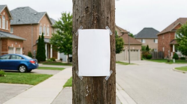Blank poster on utility pole in suburban neighborhood advertising space for local businesses
