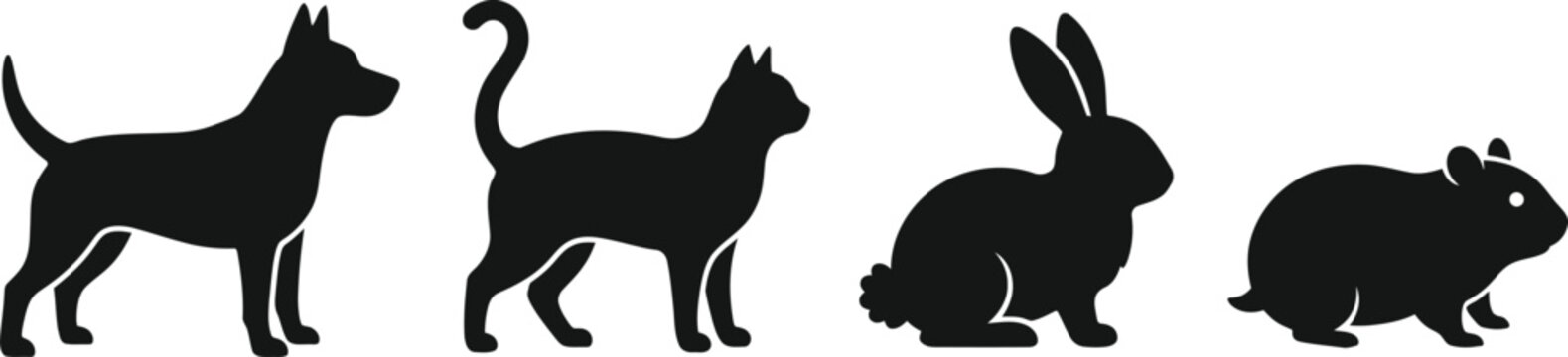 Black animal silhouettes, dog, cat, rabbit, hamster icons, pet vector set