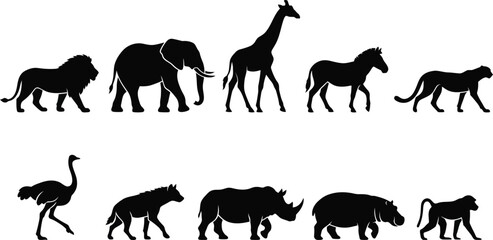 Wild Animal Silhouettes, Safari Icons, Black Animal Shapes, Vector Wildlife Collection © Rifat