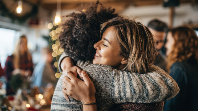 Two friends share a warm hug at a holiday gathering in a cozy cafe decorated with lights during winter