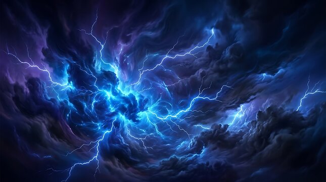 Electric blue lightning storm with dark clouds swirling rapidly