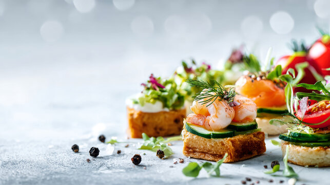 Close-up view of various appetizers on a white surface. Shrimp canapes and salad are displayed with a clean background and space for catering company information