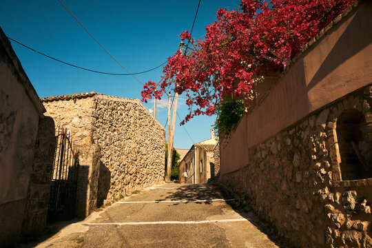 Malerische, sonnenbeschienene Gasse in einem griechischen Dorf mit traditionellen Steinh&auml;usern und bl&uuml;hender Bougainvillea
