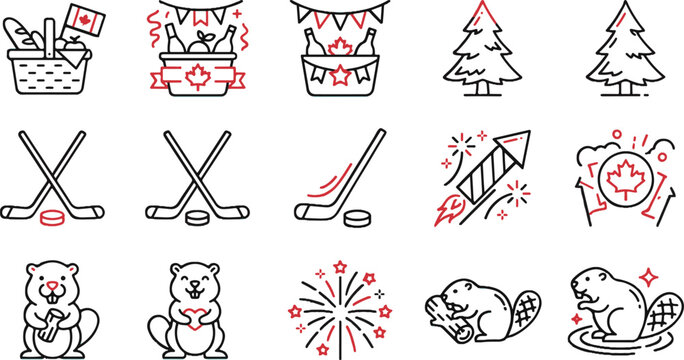 Canada Day and Canadian Culture Linear Icon Set